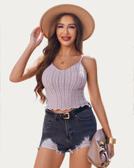 V Neck Crop Top Knit Ribbed Tank Top