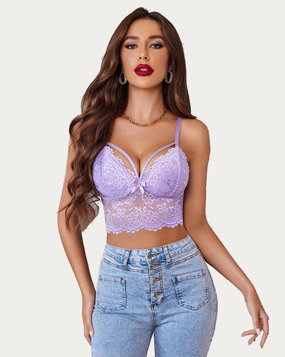 Top crop cu bretele ajustabile din dantela