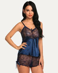 Lace Cami and Shorts Two Piece Satin Sets