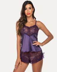 Lace Cami and Shorts Two Piece Satin Sets