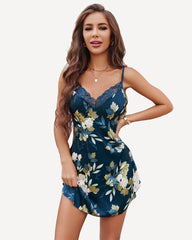 Rochie mini cu dantelă florală din satin