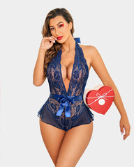 Lace Teddy Bodysuit Halter V Neck One Piece