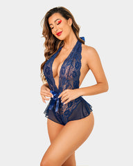 Lace Teddy Bodysuit Halter V Neck One Piece