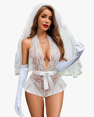 Lace Teddy Bodysuit Halter V Neck One Piece