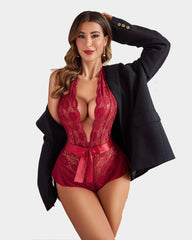 Lace Teddy Bodysuit Halter V Neck One Piece