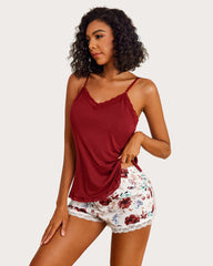 Floral Cami Pajama Set Lace Trim Short PJ Set with Shorts