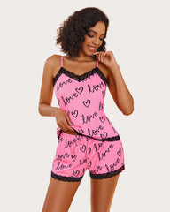 Heart Print Cami Pajama Set Shorts