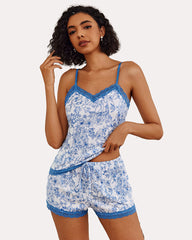 Floral Cami Pajama Set Lace Trim Short PJ Set with Shorts