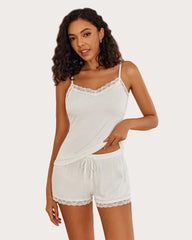 White Edge Lace Trim Short PJ Set with Shorts