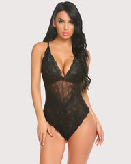 Snap Crotch Lace Bodysuit Deep V Teddy