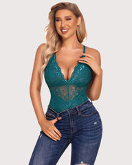 Snap Crotch Lace Bodysuit Deep V Teddy