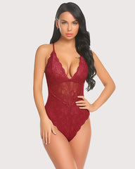 Snap Crotch Lace Bodysuit Deep V Teddy