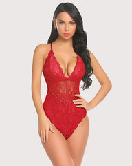 Snap Crotch Lace Bodysuit Deep V Teddy