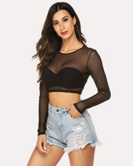 Mesh Crop Top Long Sleeve See Through Shirt