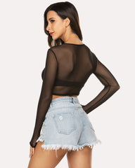 Mesh Crop Top Long Sleeve See Through Shirt