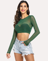 Mesh Crop Top Long Sleeve See Through Shirt