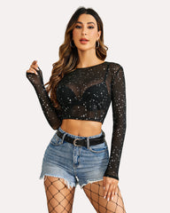 Mesh Crop Top Long Sleeve See Through Shirt