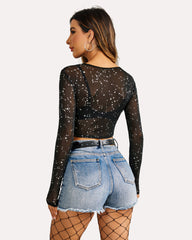 Mesh Crop Top Long Sleeve See Through Shirt