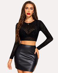 Mesh Crop Top Long Sleeve See Through Shirt