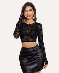 Mesh Crop Top Long Sleeve See Through Shirt