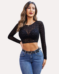 Mesh Crop Top Long Sleeve See Through Shirt