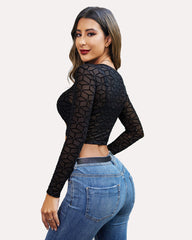 Mesh Crop Top Long Sleeve See Through Shirt