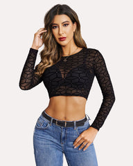 Mesh Crop Top Long Sleeve See Through Shirt