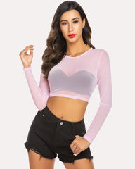 Mesh Crop Top Long Sleeve See Through Shirt