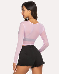 Mesh Crop Top Long Sleeve See Through Shirt