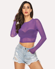 Mesh Crop Top Long Sleeve See Through Shirt