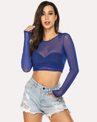 Mesh Crop Top Long Sleeve See Through Shirt