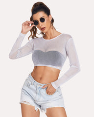 Mesh Crop Top Long Sleeve See Through Shirt