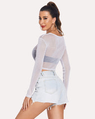 Mesh Crop Top Long Sleeve See Through Shirt