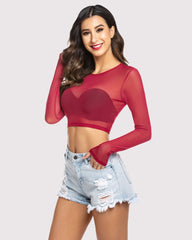 Mesh Crop Top Long Sleeve See Through Shirt