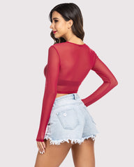 Mesh Crop Top Long Sleeve See Through Shirt