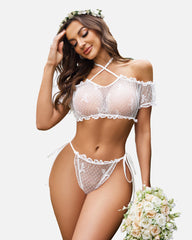 Floral Mesh Bra and Panty Set Ruffle Lingerie Set