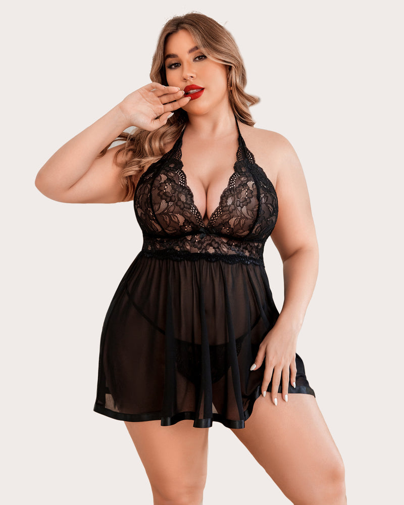 Plus Size Sheer Lace Mesh Babydoll