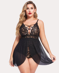 Plus Size Snap Crotch V Neck Lace Nighty