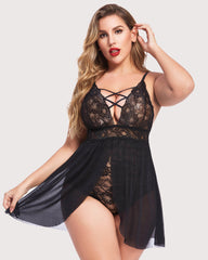 Plus Size Snap Crotch V Neck Lace Nighty