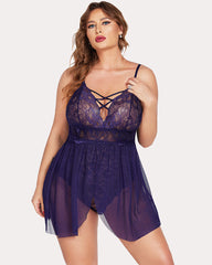 Plus Size Snap Crotch V Neck Lace Nighty