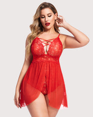 Plus Size Snap Crotch V Neck Lace Nighty