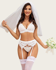 3 Piece Lace Leaves Bra and Panty Set with Garter Blet