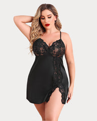 Plus Size Satin Lace Side Slit Chemise