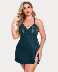 Plus Size Satin Lace Side Slit Chemise