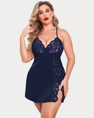 Plus Size Satin Lace Side Slit Chemise