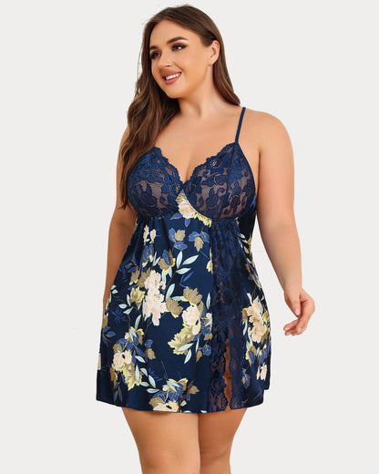 Plus Size Lingerie Floral Satin Nightgown