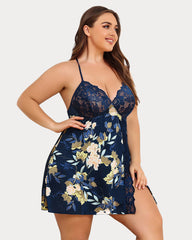 Plus Size Satin Lace Side Slit Chemise