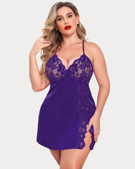 Plus Size Satin Lace Side Slit Chemise