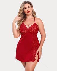 Plus Size Satin Lace Side Slit Chemise