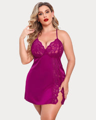 Plus Size Satin Lace Side Slit Chemise